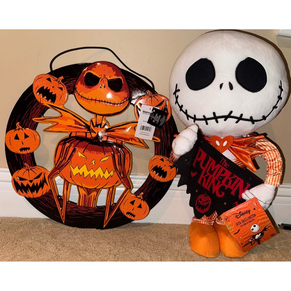 Disney Nightmare Before Christmas Jack Skellington Plush Greeter & Metal Sign